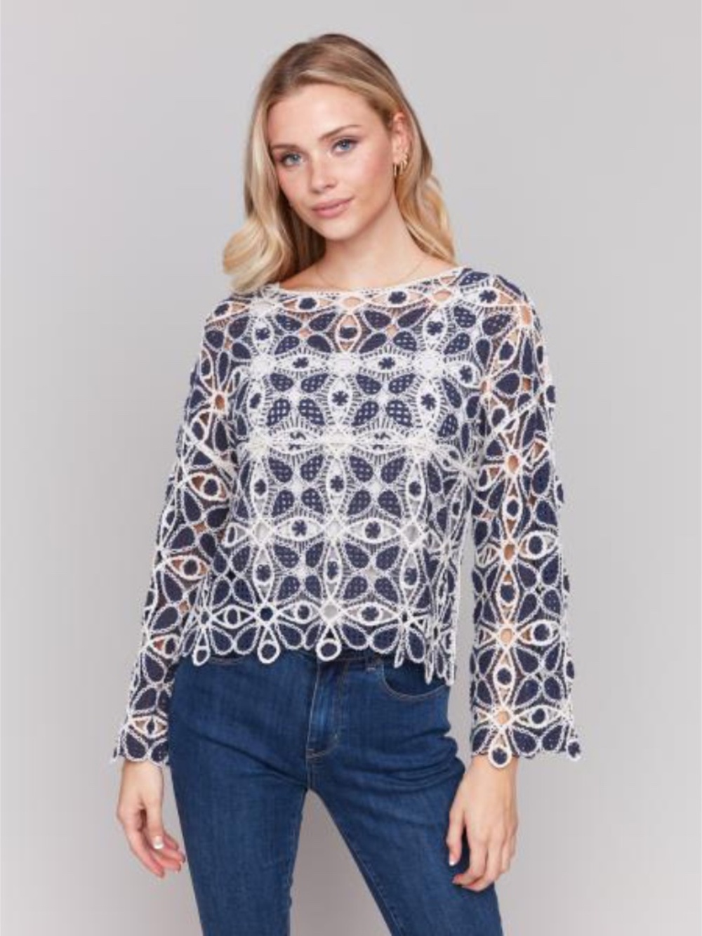 CHARLIE B Crochet Long Sleeve Boat Neck Top | Size Medium/Large - Picture 2 of 6